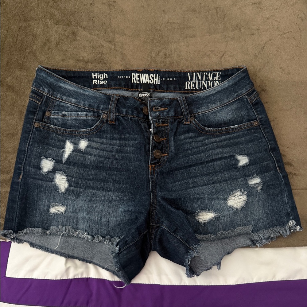 Rewash Vintage High Rise Distressed Jean Shorts - Dark Blue